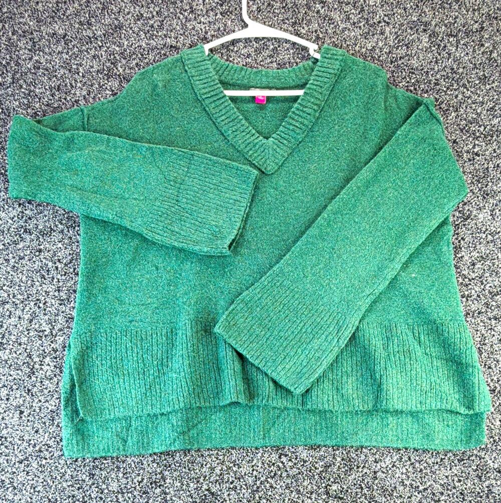 Vince Camuto Women's Green Ribbed Knit V-Neck Pullover Sweater Stretch S